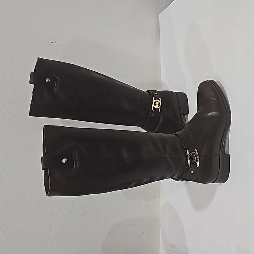 Michael Kors Black Over-the-Knee Leather Boots with Gold Logo Accent